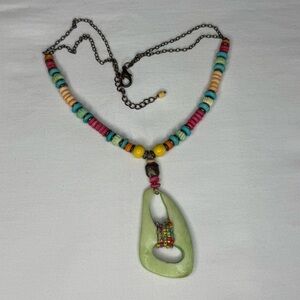 Vintage Carved Green Pendant with Multi-Color Beads Necklace